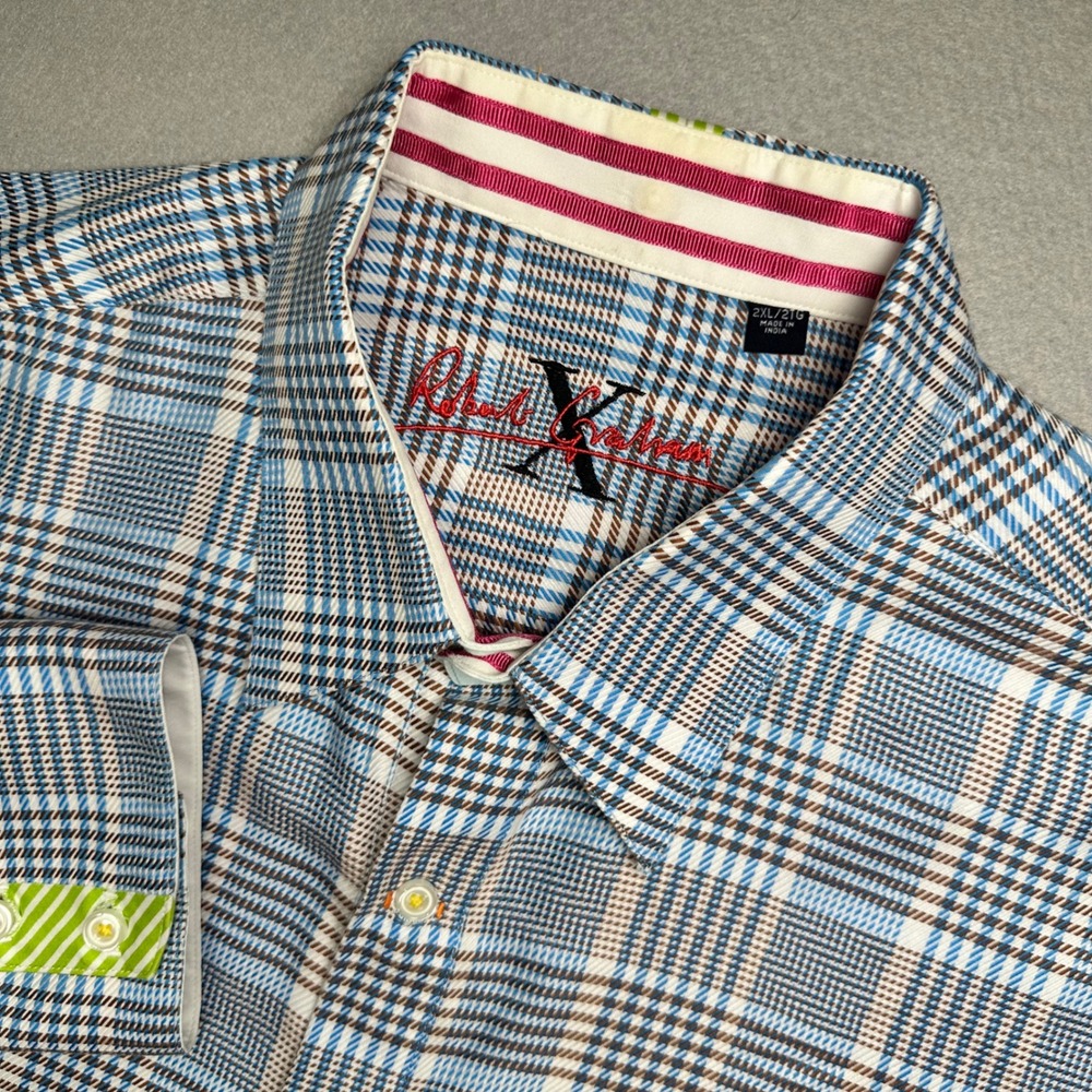 Robert Graham Button Down Shirt Mens 2XL Blue Brown Plaid Contrast Cuffs